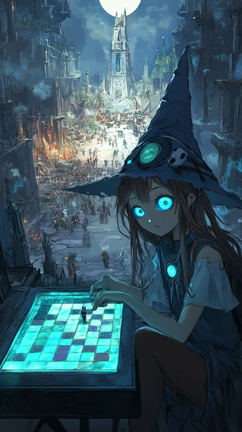 Girl Playing Chess With Her Mirror Reflection At A Table