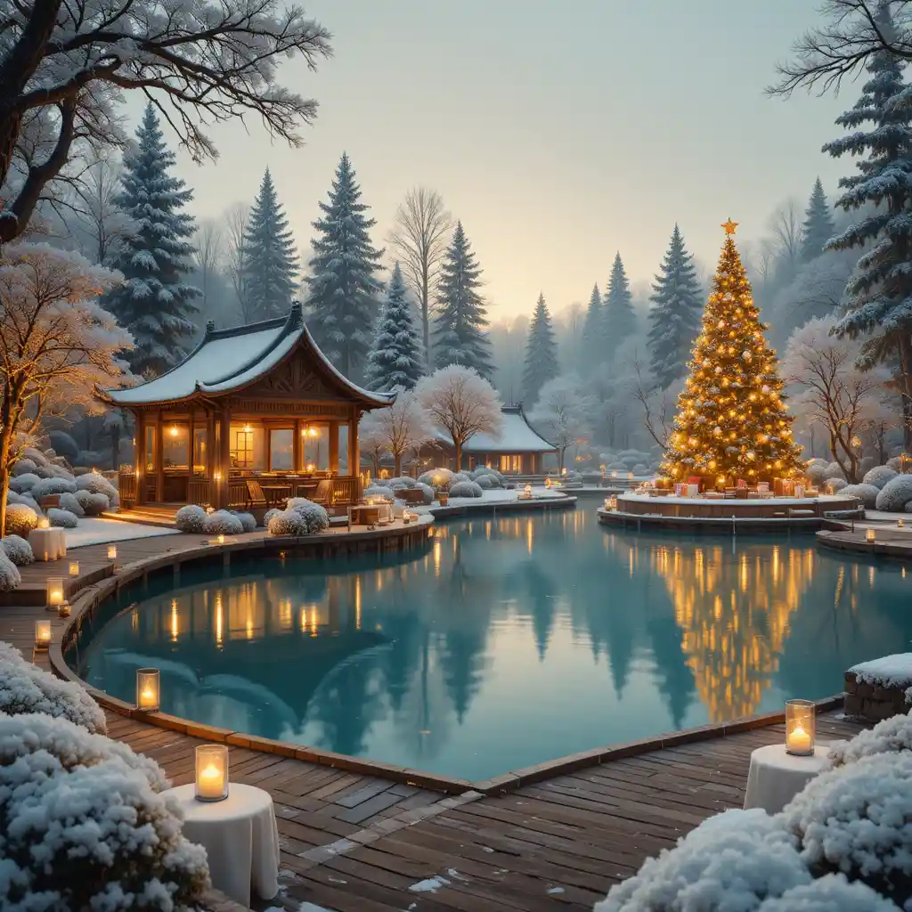 Magischer winterlicher Garten am See mit Pavillon und Laternen