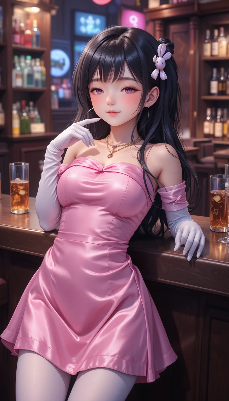Giovane ragazza anime con abito rosa in un bar oscuro