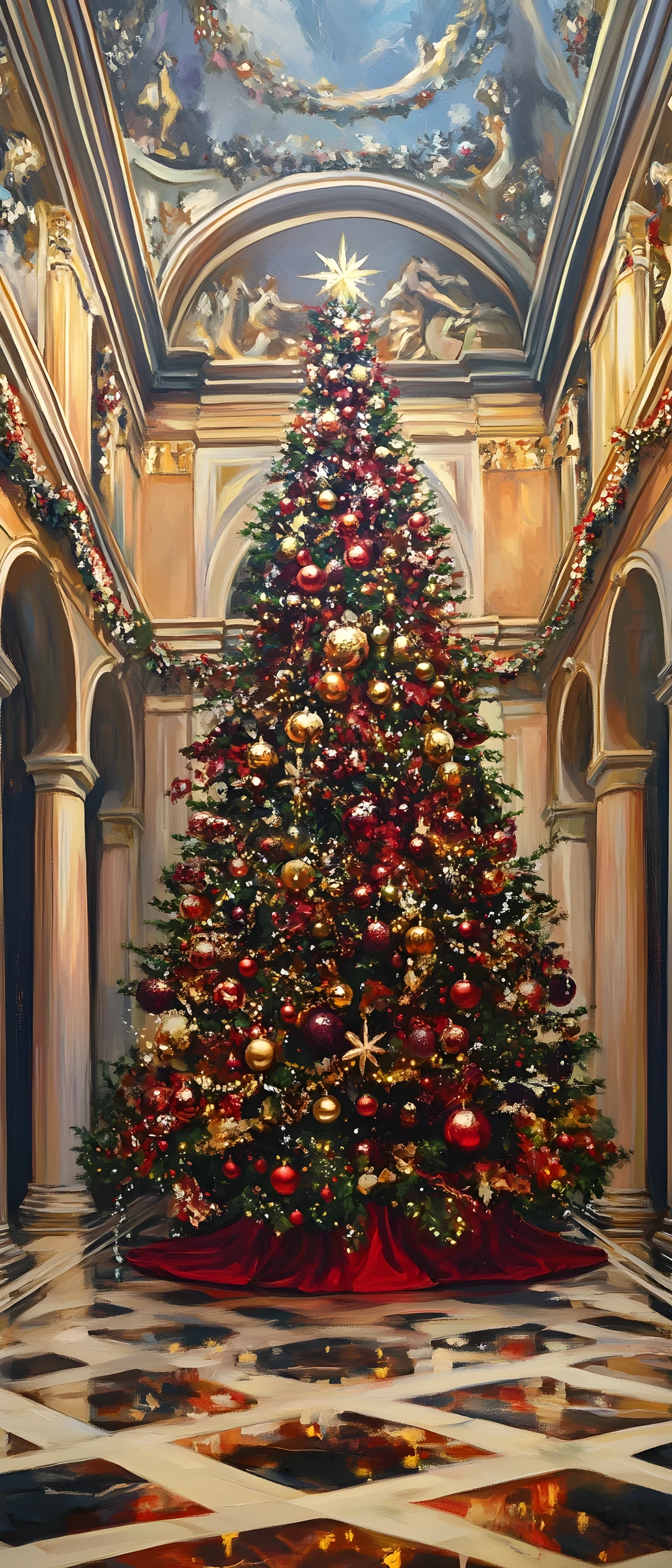 Grande albero di Natale in un corridoio sontuosamente decorato