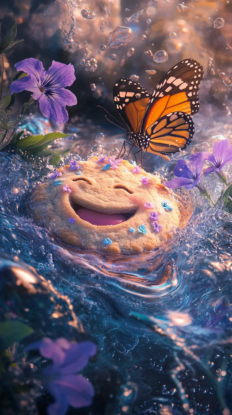 Laughing Cookie Underwater With Violets And Butterfly