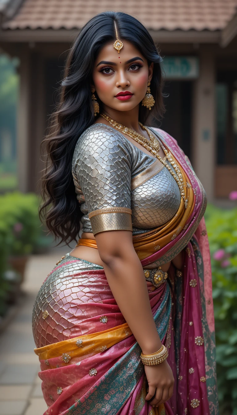 Donna tamil in sari lucido che si china con grazia in un interno