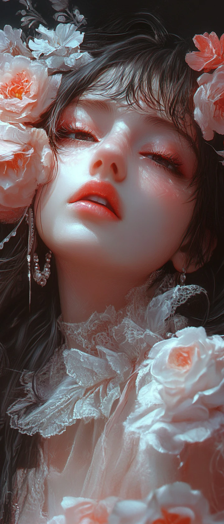 Kawaii glamorous woman in dark baroque gothic painterly portrait