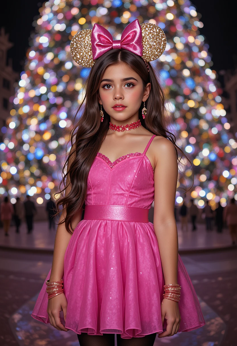 ピンクのドレスを着たティーンが輝くクリスマスツリーの前に立つ