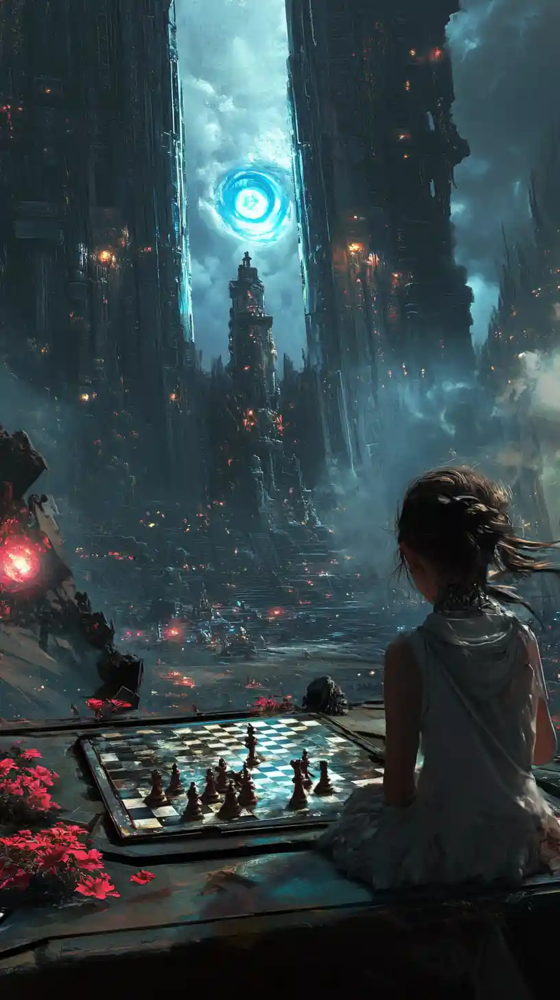 Girl Playing Chess With Her Reflection In Dark Hall