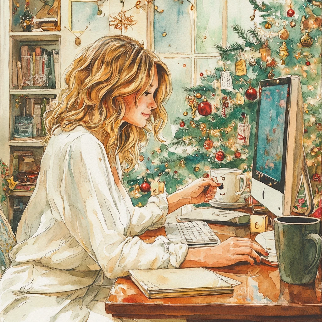 Joyful woman at Christmas office desk in watercolor style