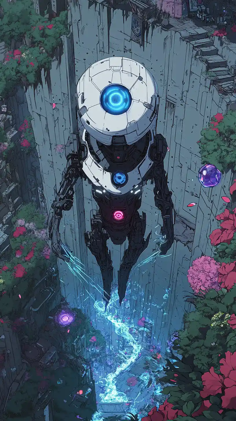 Cute anime robot florist in a futuristic flower shop