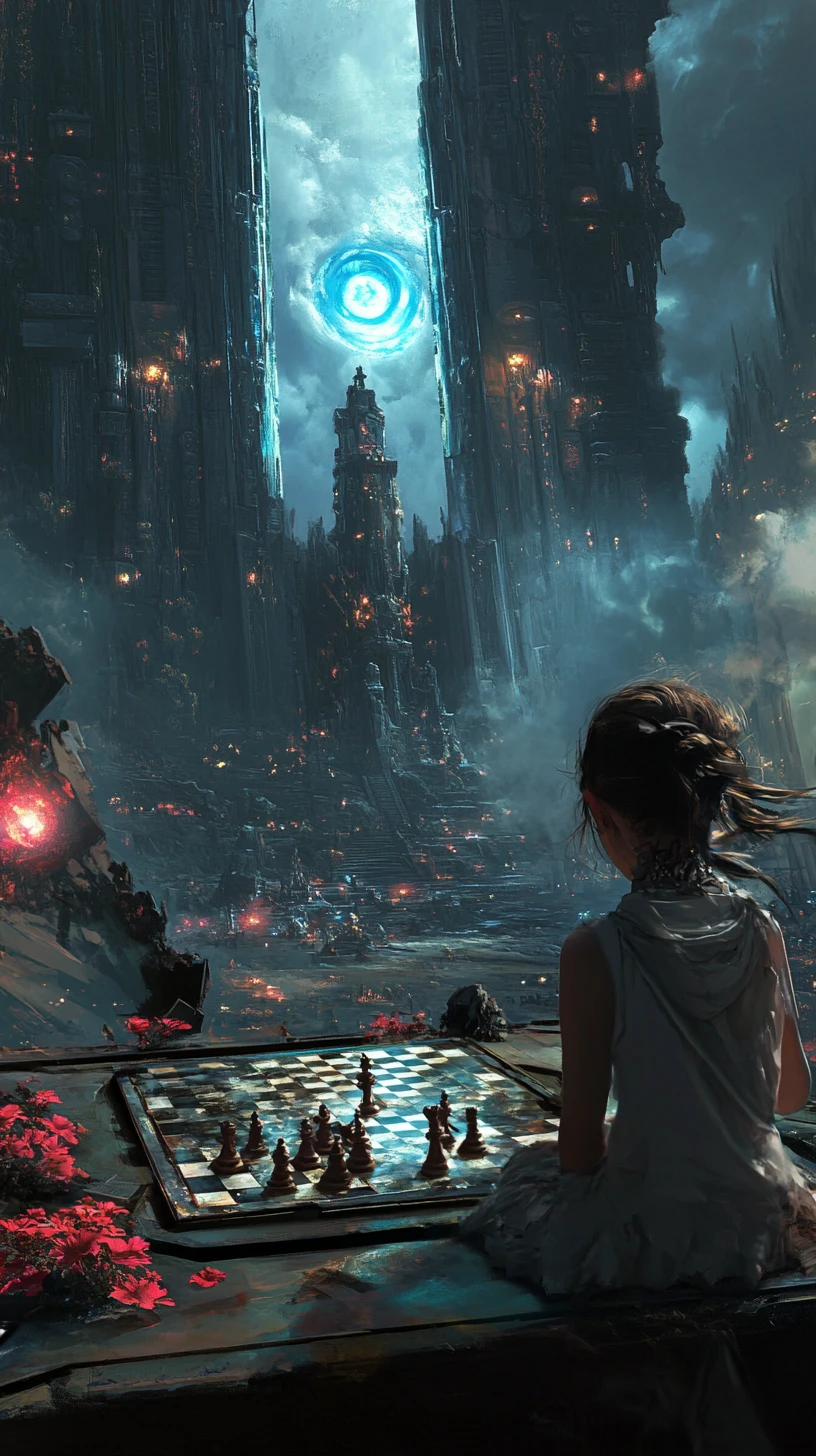 Girl Playing Chess With Her Reflection In Dark Hall