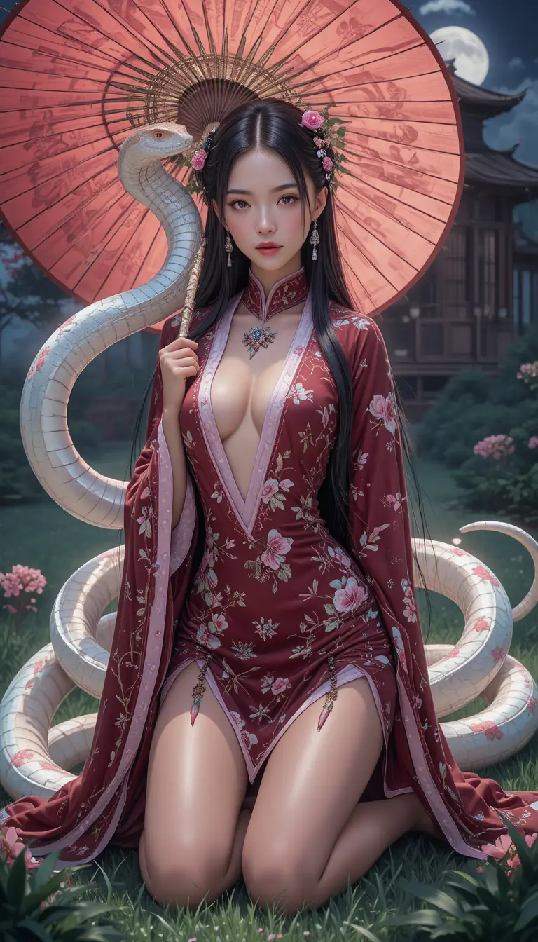 Regal anime pirate empress kneeling with a white snake