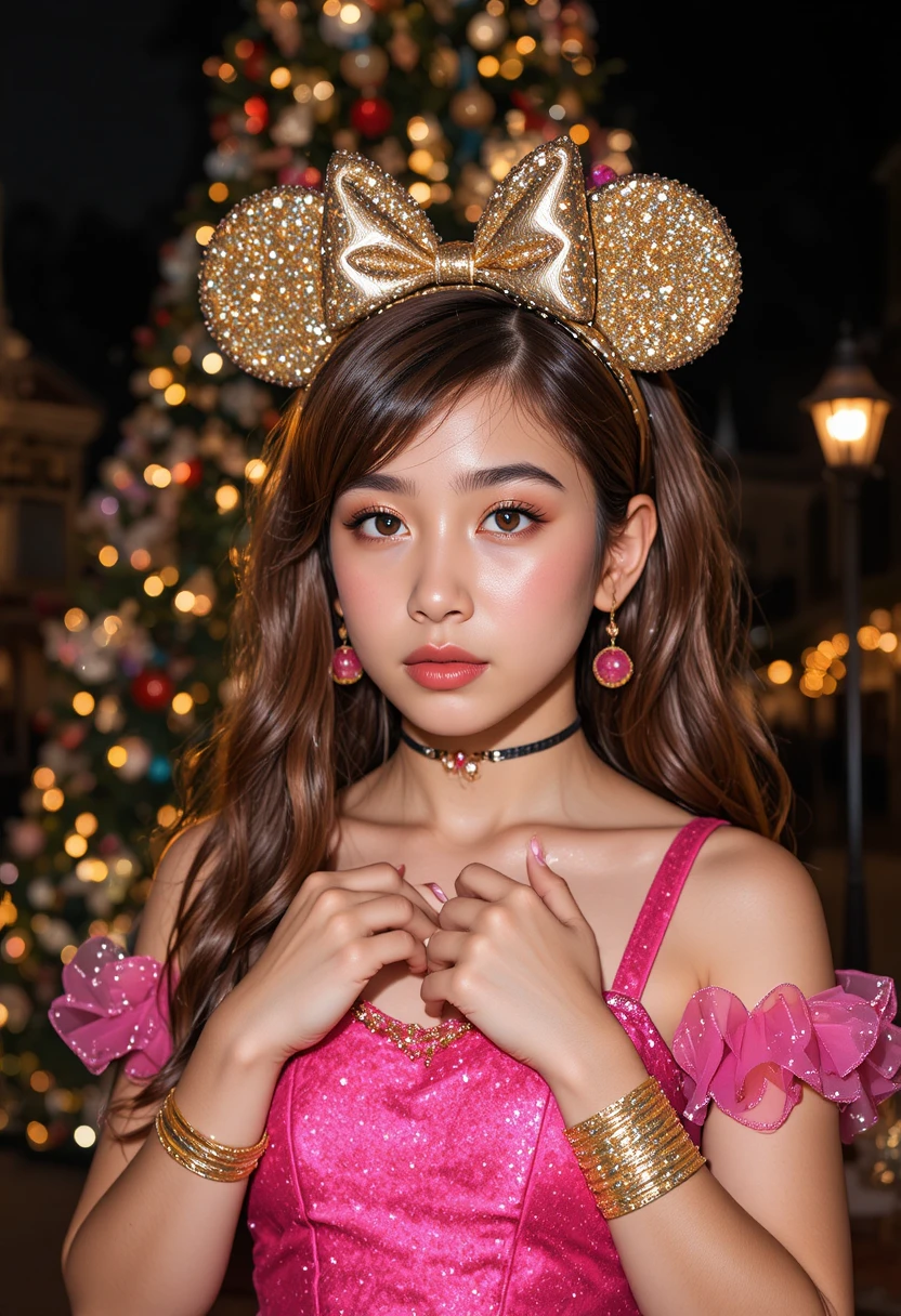 Tween girl in pink dress by lit christmas tree