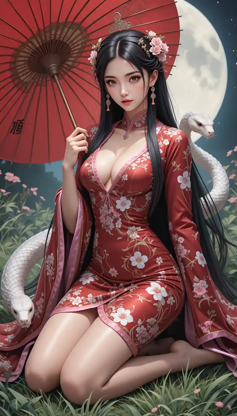 Regal anime pirate empress kneeling with a white snake