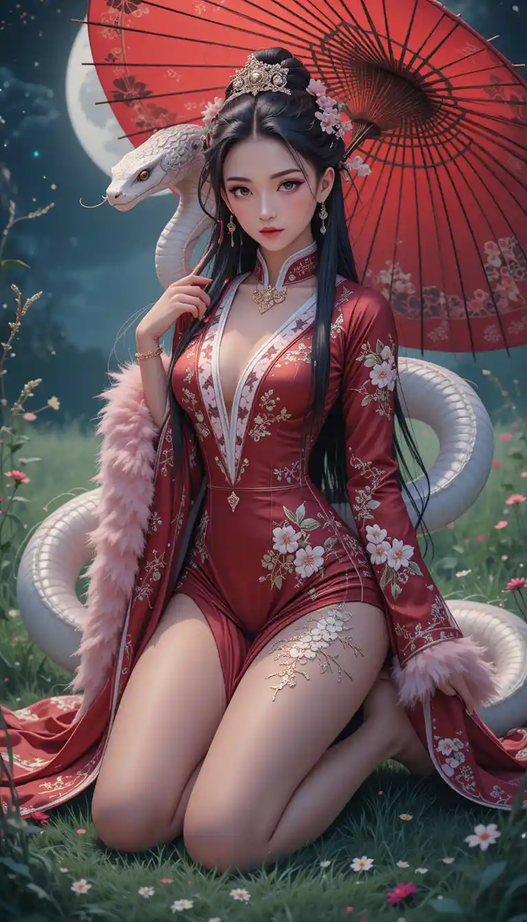 Regal anime pirate empress kneeling with a white snake