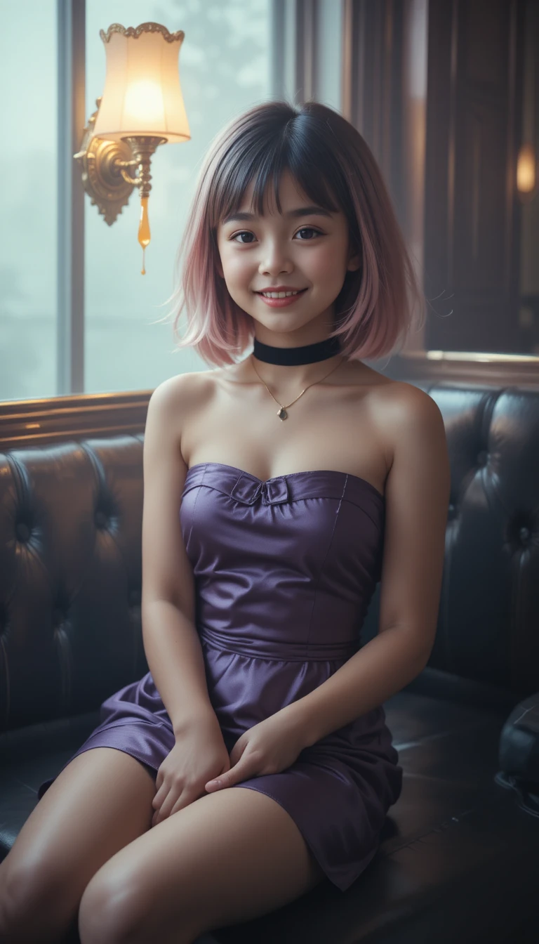 Happy young girl smiling in a cozy indoor lounge