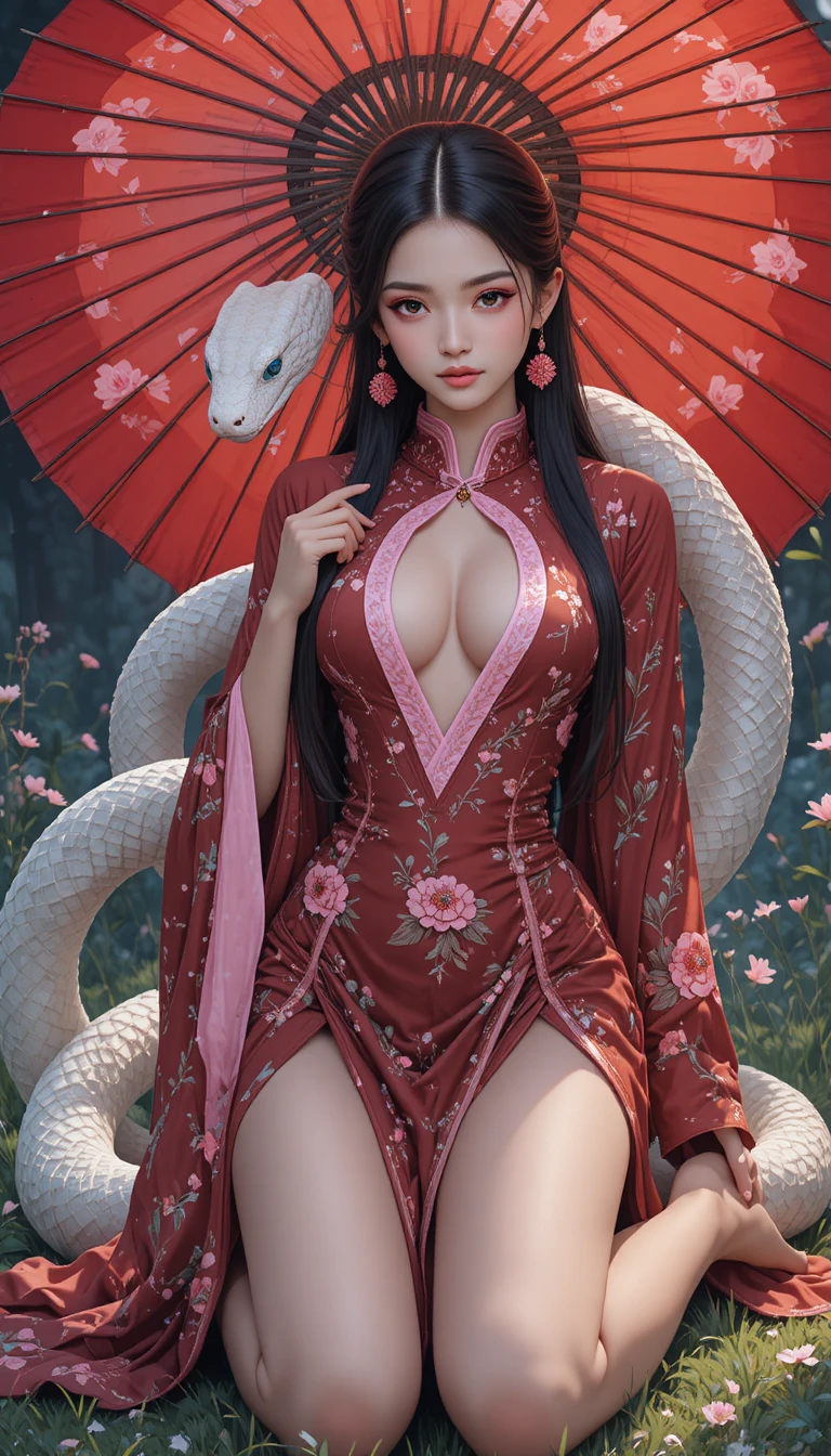 Regal pirate empress kneeling with a white snake