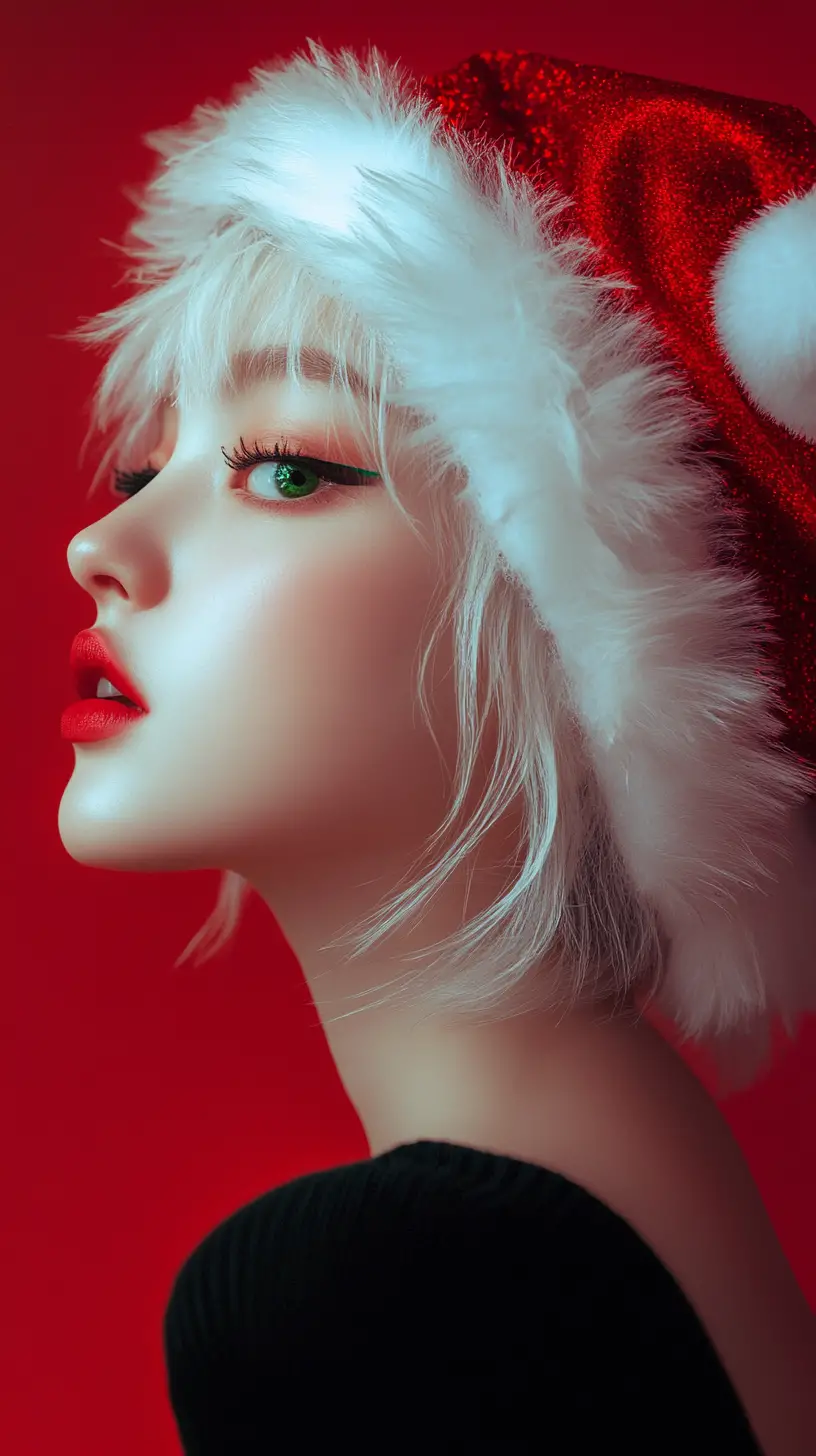 Elegant girl in santa hat on vibrant red background