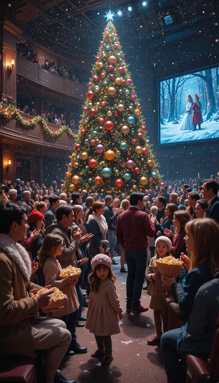 Festive Christmas crowd gathering in a warm cinema lobby