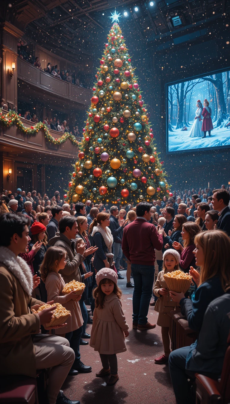 Festive Christmas crowd gathering in a warm cinema lobby