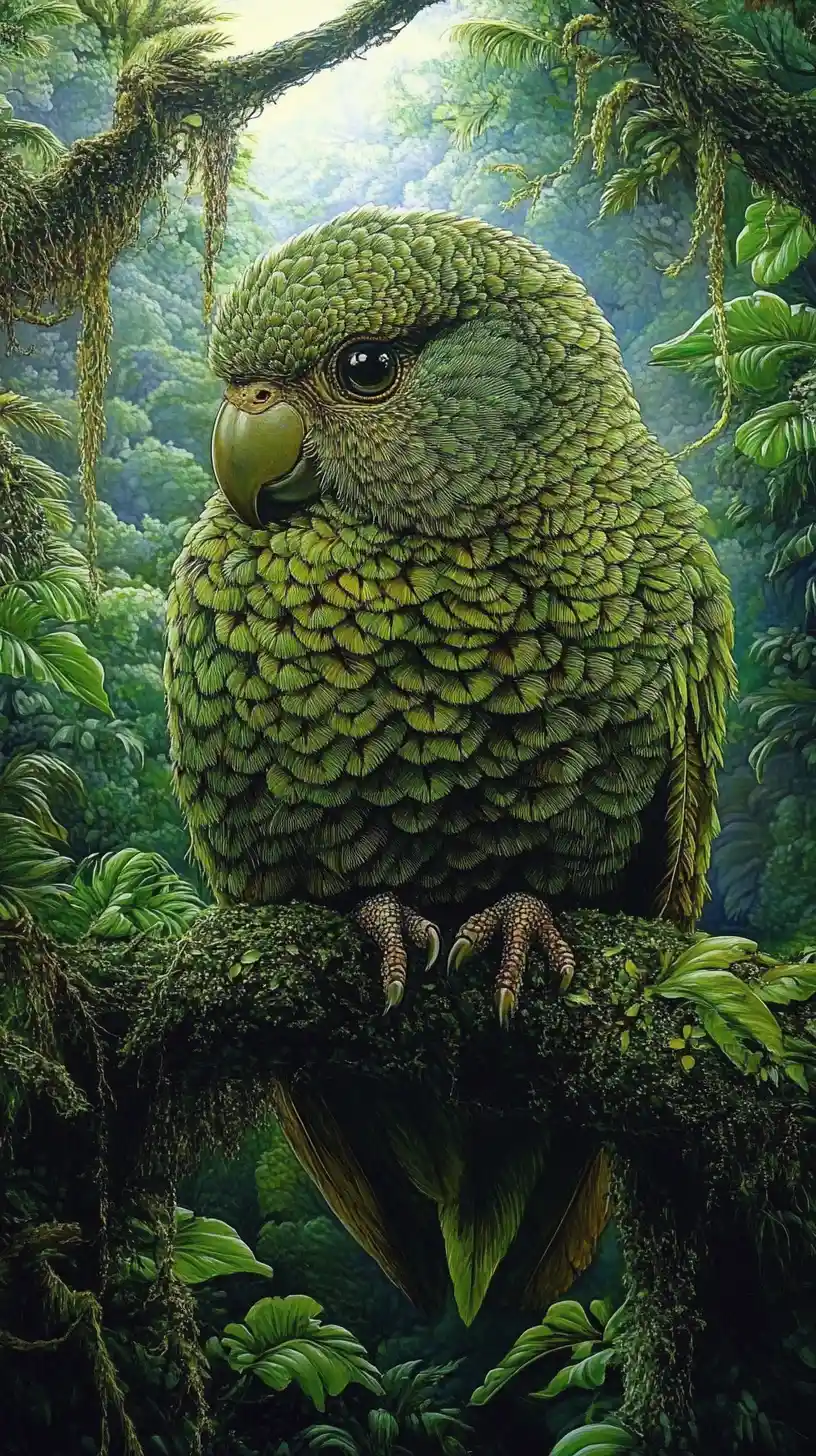 Surreal digital illustration of an illusory kakapo scene