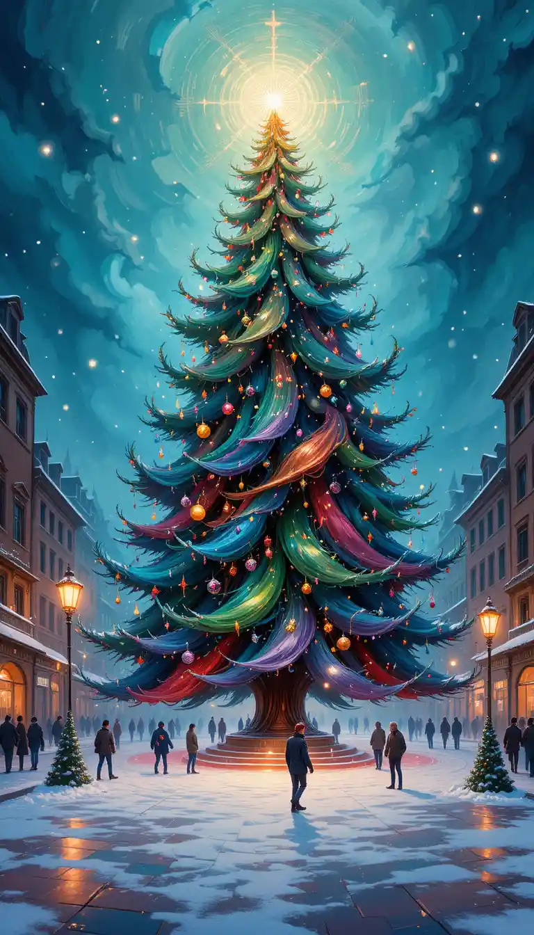 Abstract glowing christmas tree in a snowy town square