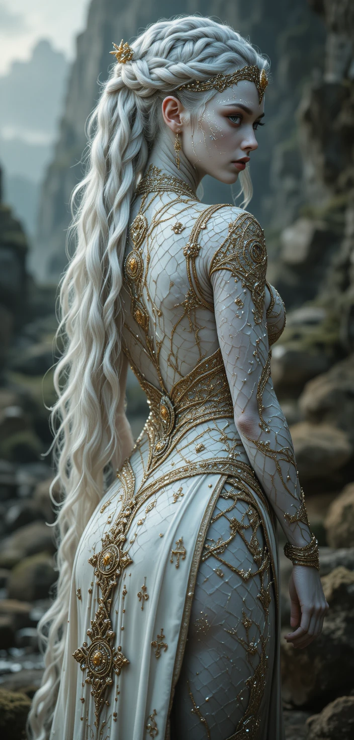Alien elf priestess in ornate white and gold ceremonial robes