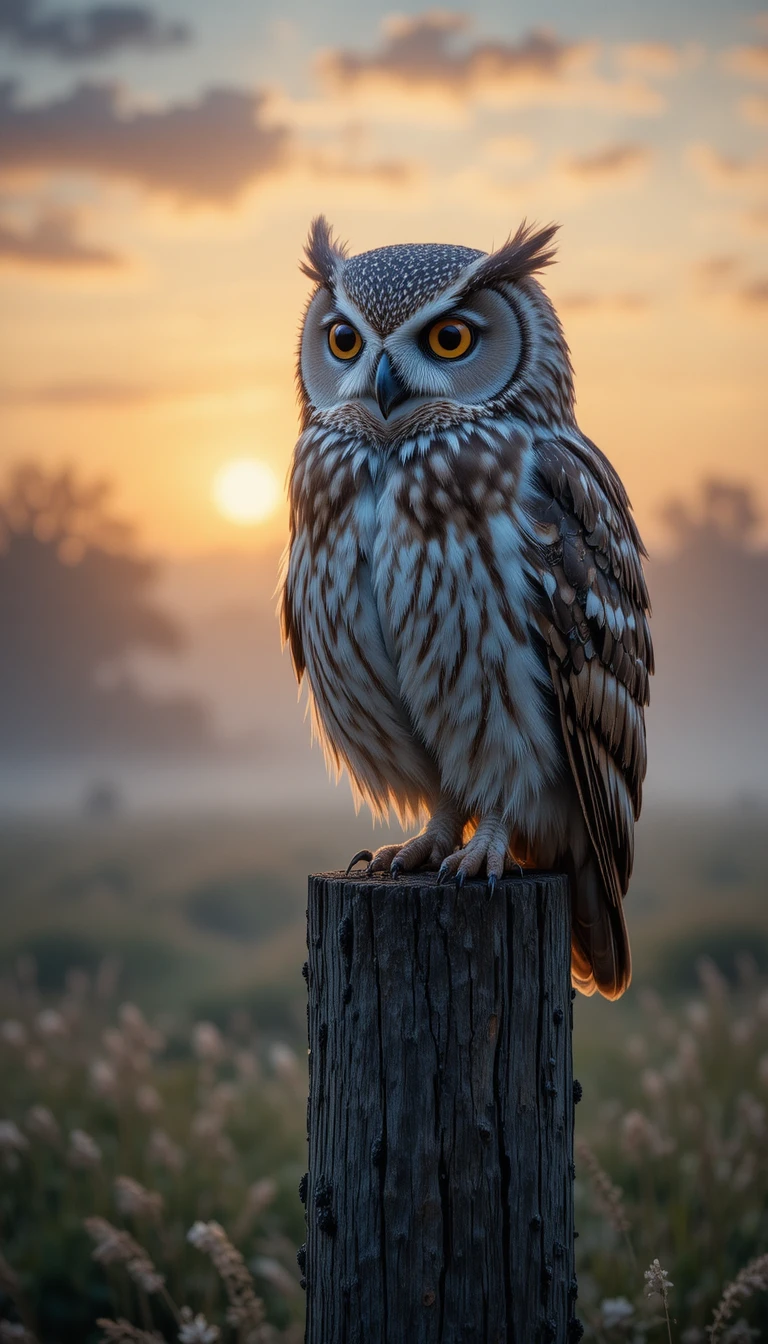 Eule auf Holzpfosten bei Sonnenaufgang über nebligen Wiesen