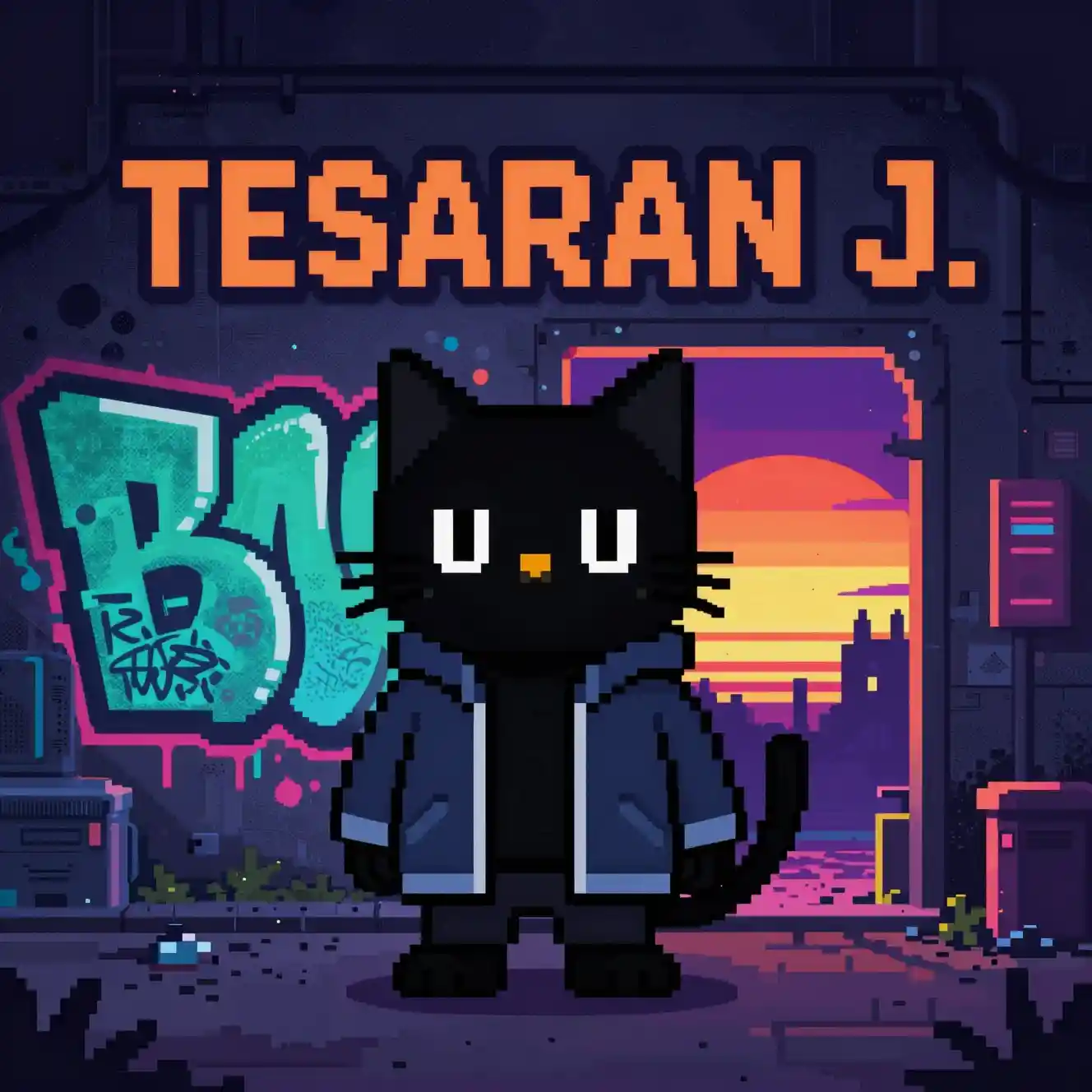 Gato negro antropomórfico en callejón de neón en escena de pixel art