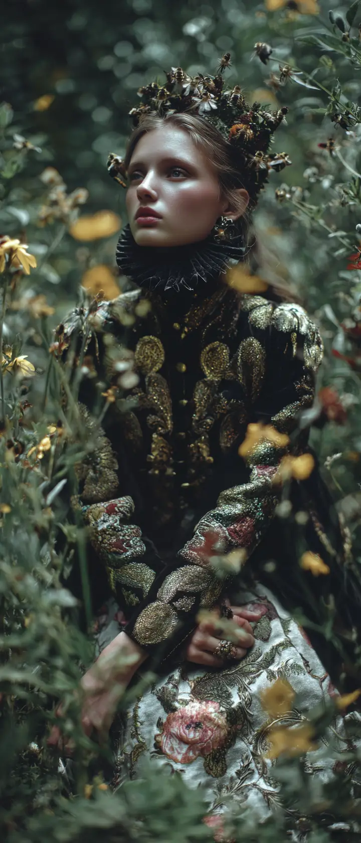 Regal fashion woman in bee crown in a Versailles garden