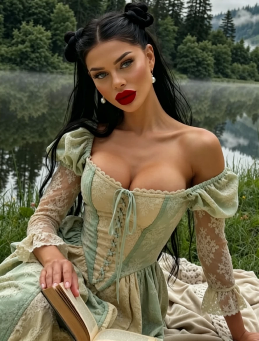 Young woman in green lace dress by forest lake
