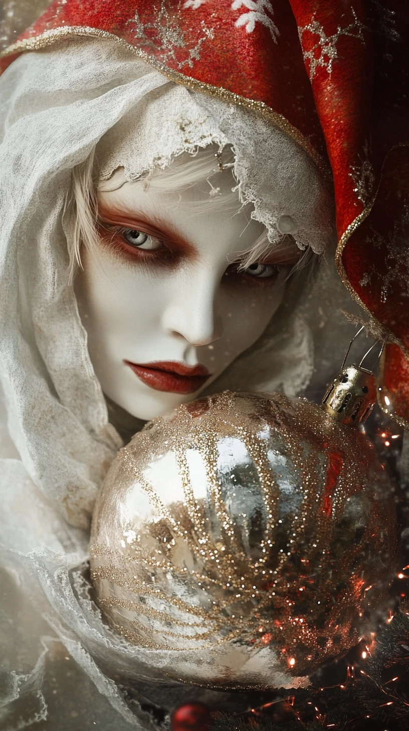 Christmas mime merged with ornament in dark fairytale scene