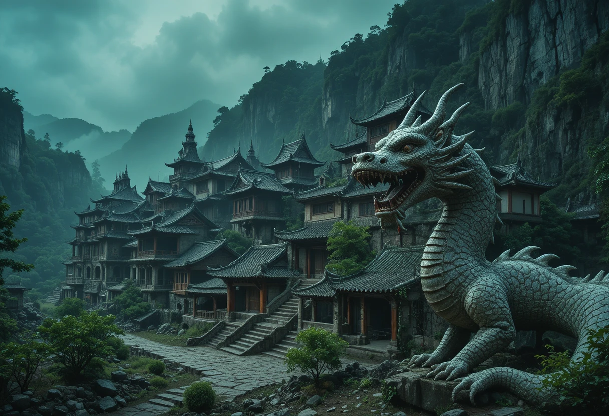 Uralte verfallene chinesische Stadt in einem nebligen Bergsumpf