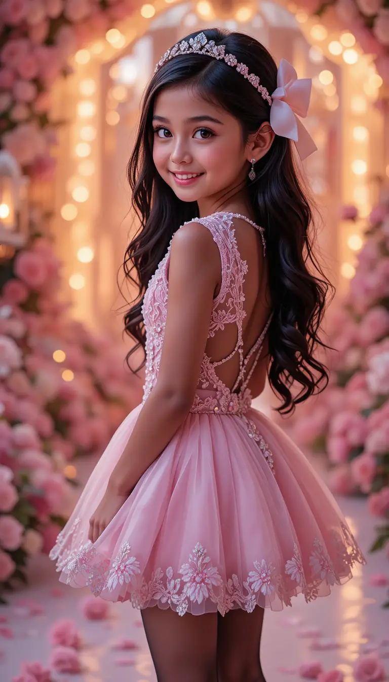 Young girl in pink dress at elegant indoor party