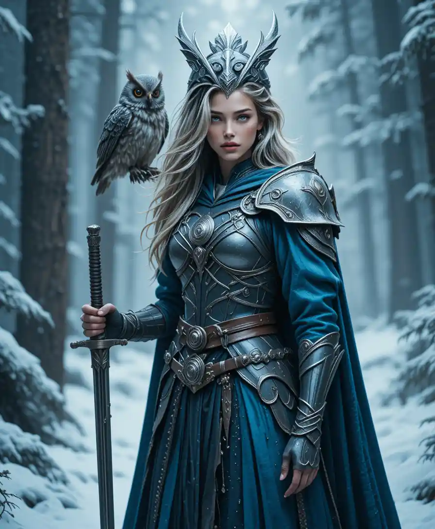 迷霧雪林中的奇幻鎧甲女戰士女王