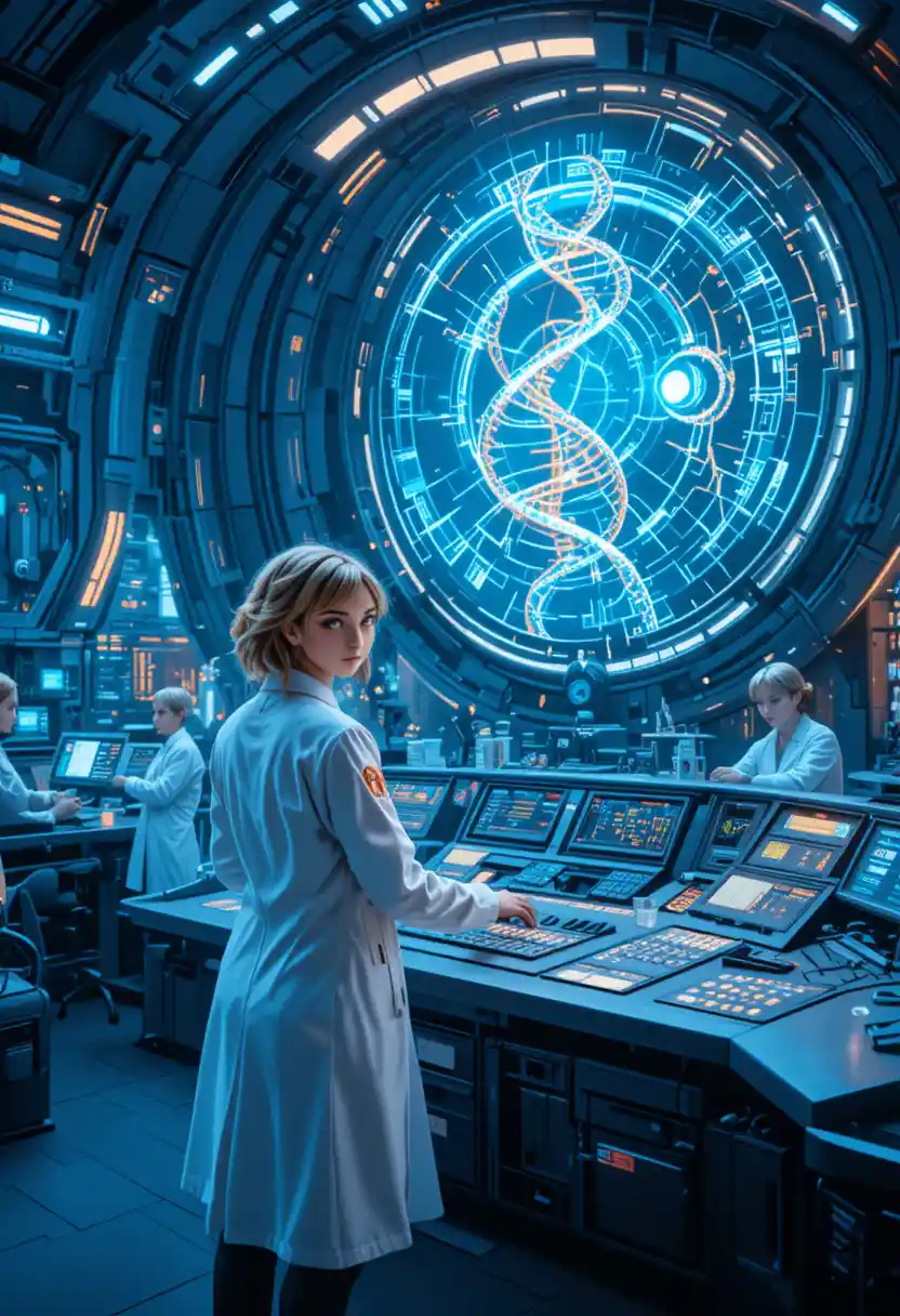 Futuristic scientist at holographic dna control console