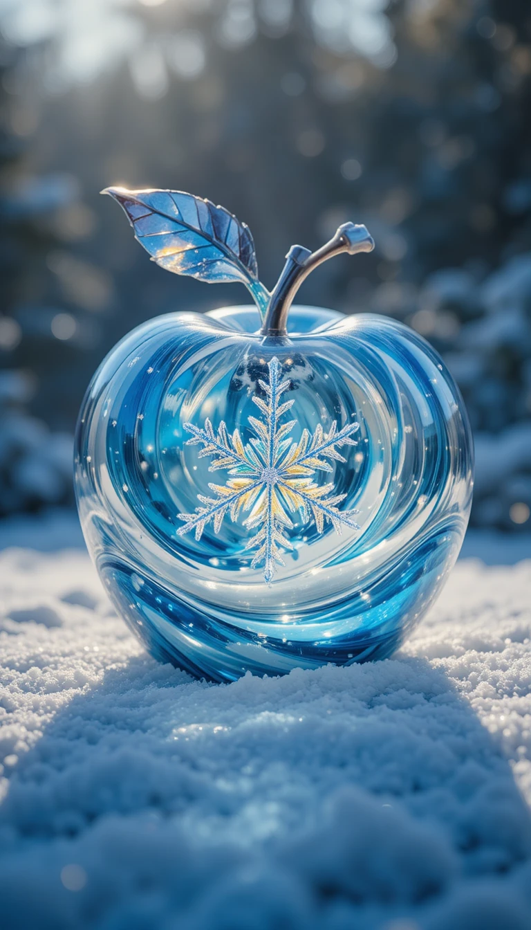 雪花玻璃蘋果靜置在閃耀雪地上