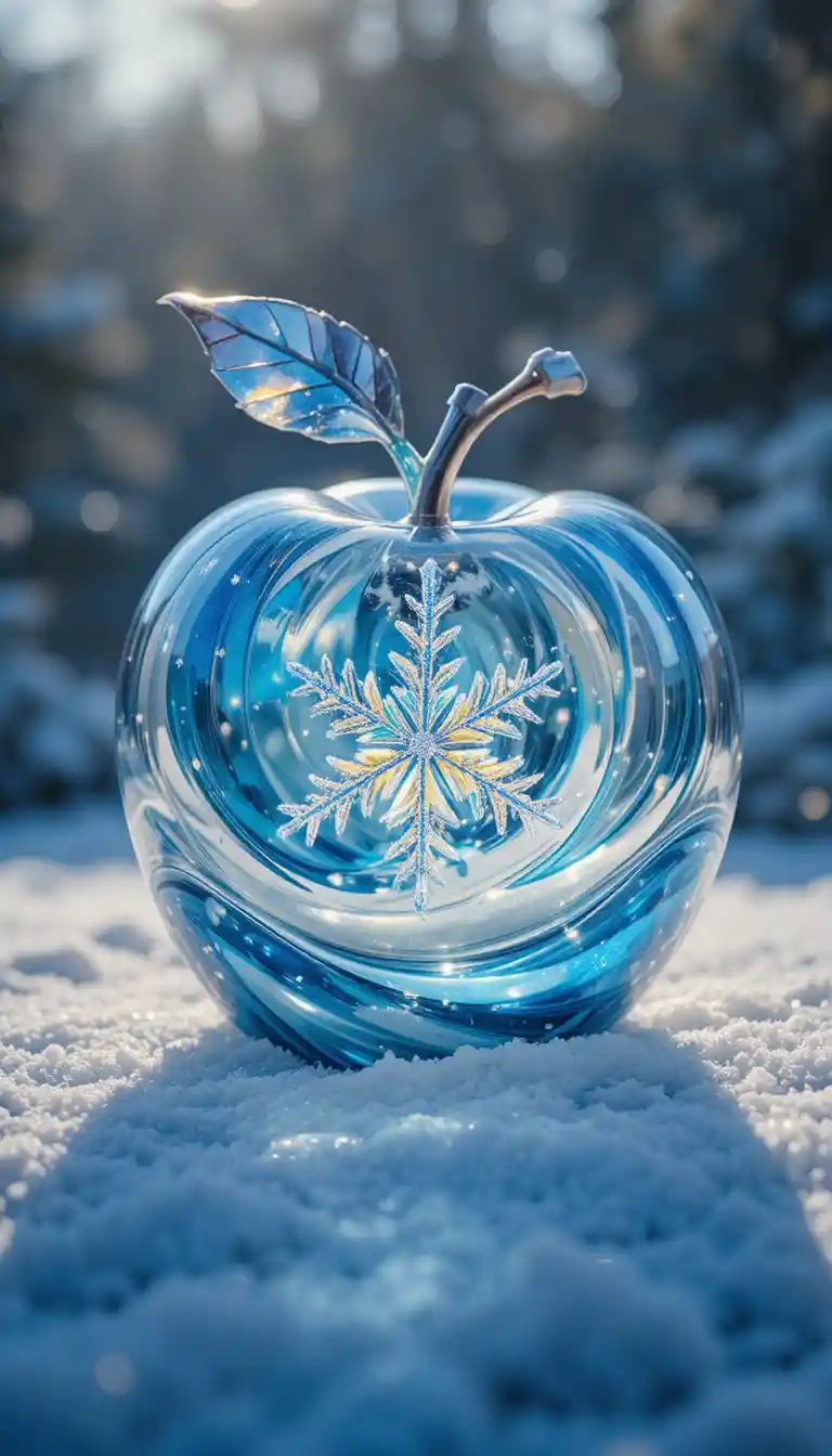 雪花玻璃蘋果靜置在閃耀雪地上