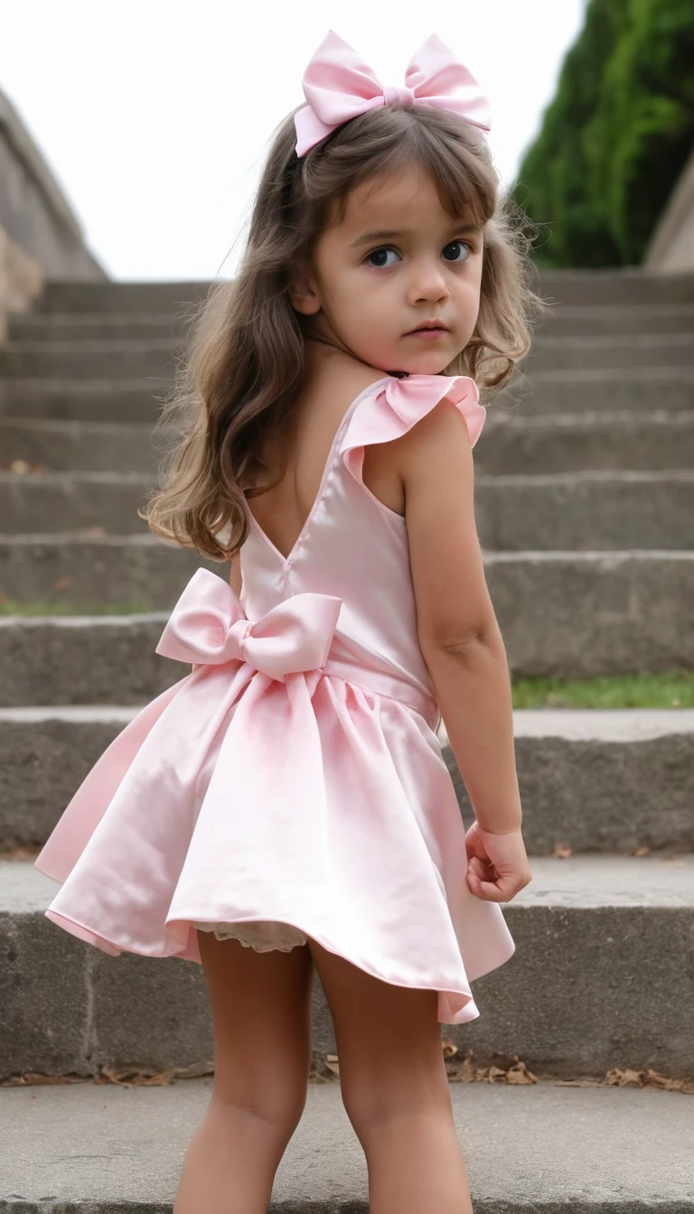 Junges Mädchen im rosa Kleid, das im Freien Steinstufen hinaufsteigt