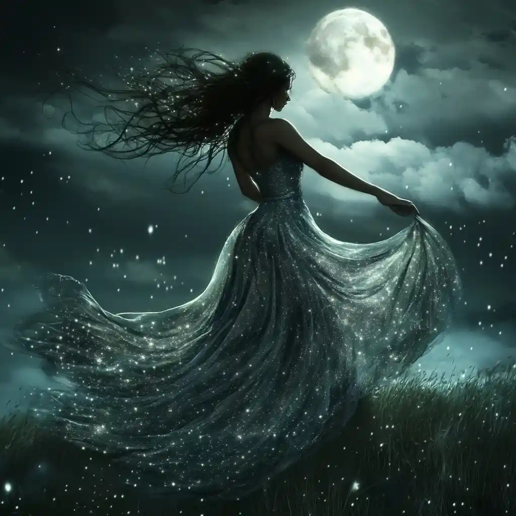 Woman dancing alone on a moonlit rainy hilltop