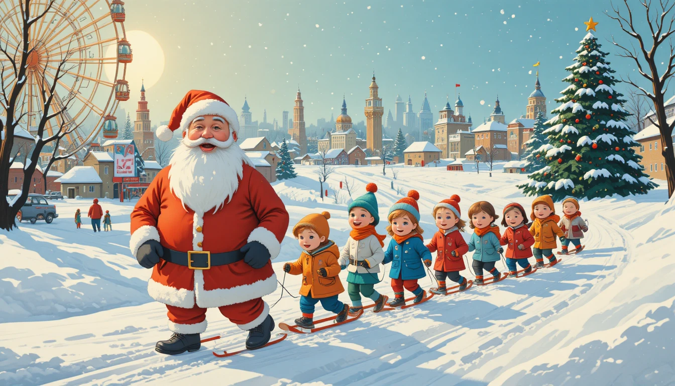 Joyful Soviet style Santa walking with children in snow