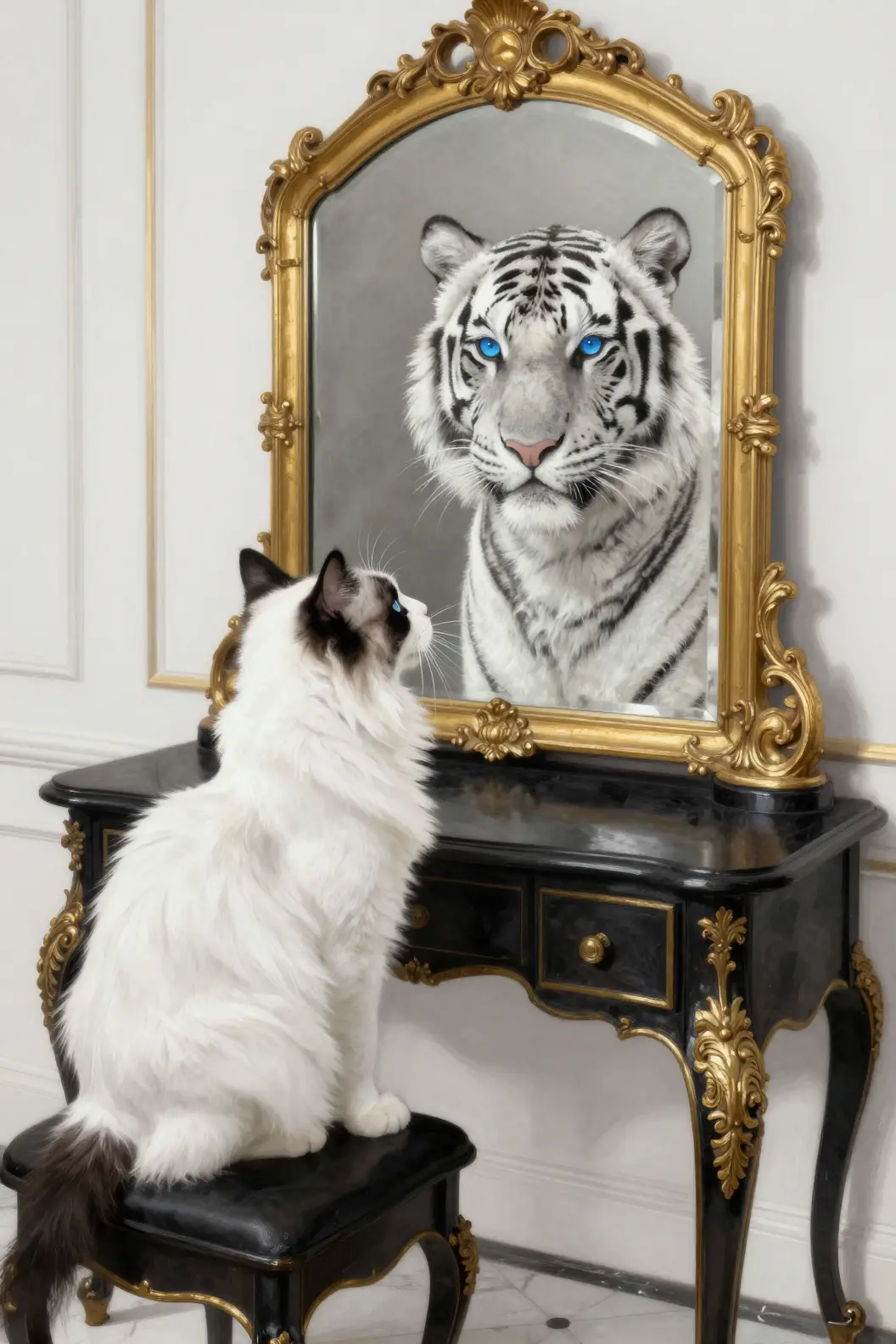 Long haired cat at vanity facing golden framed mirror
