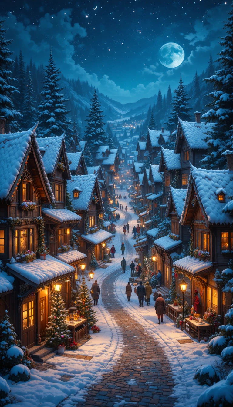 Festive village street filled with joyful Christmas celebrations