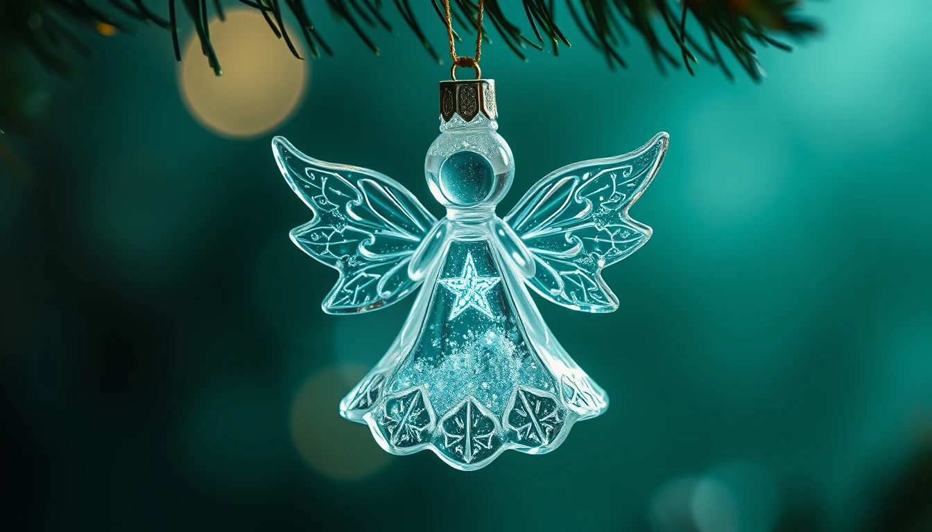 Glass snow angel ornament glowing in a christmas tree