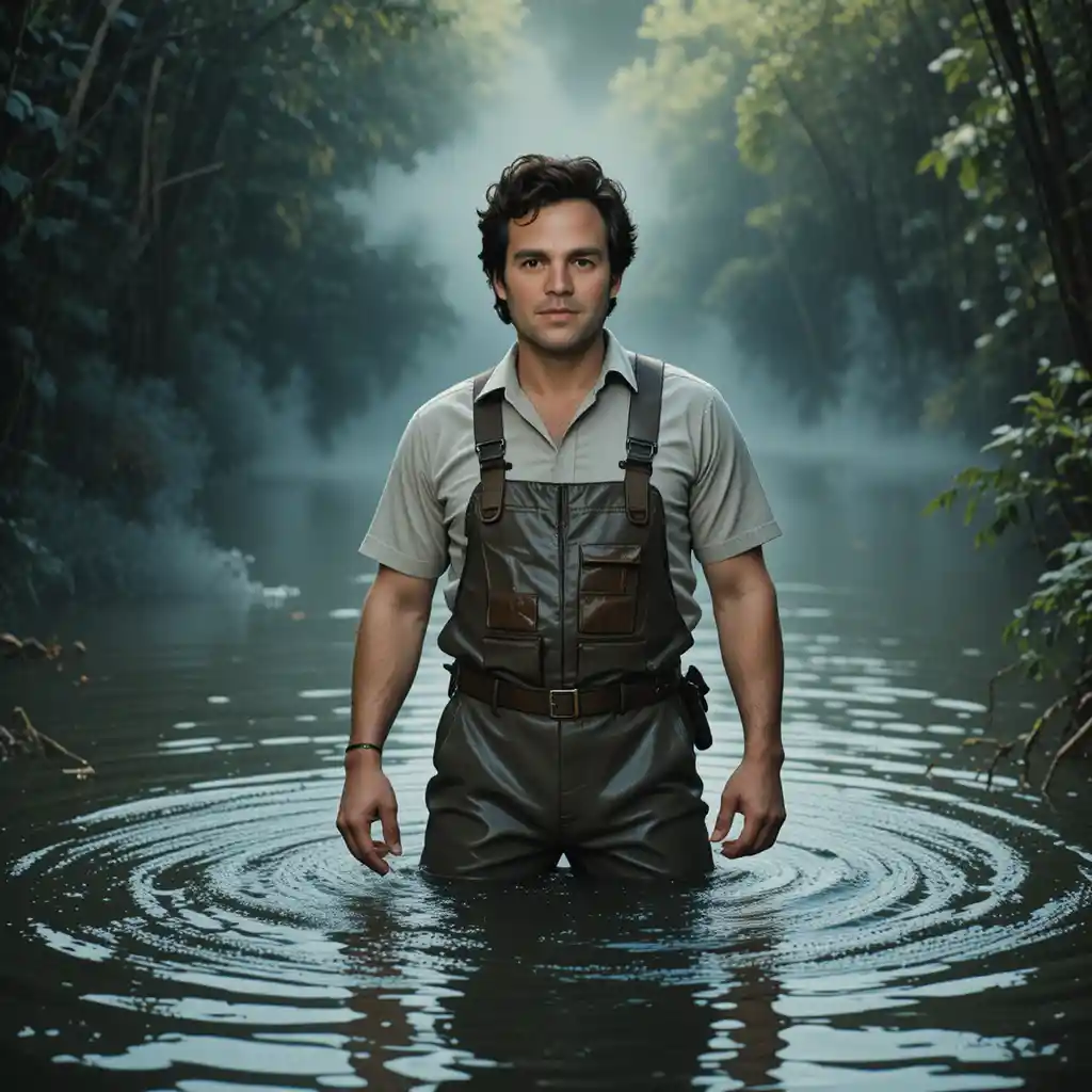 Man Standing Waist Deep In Pond With Cinematic Lighting