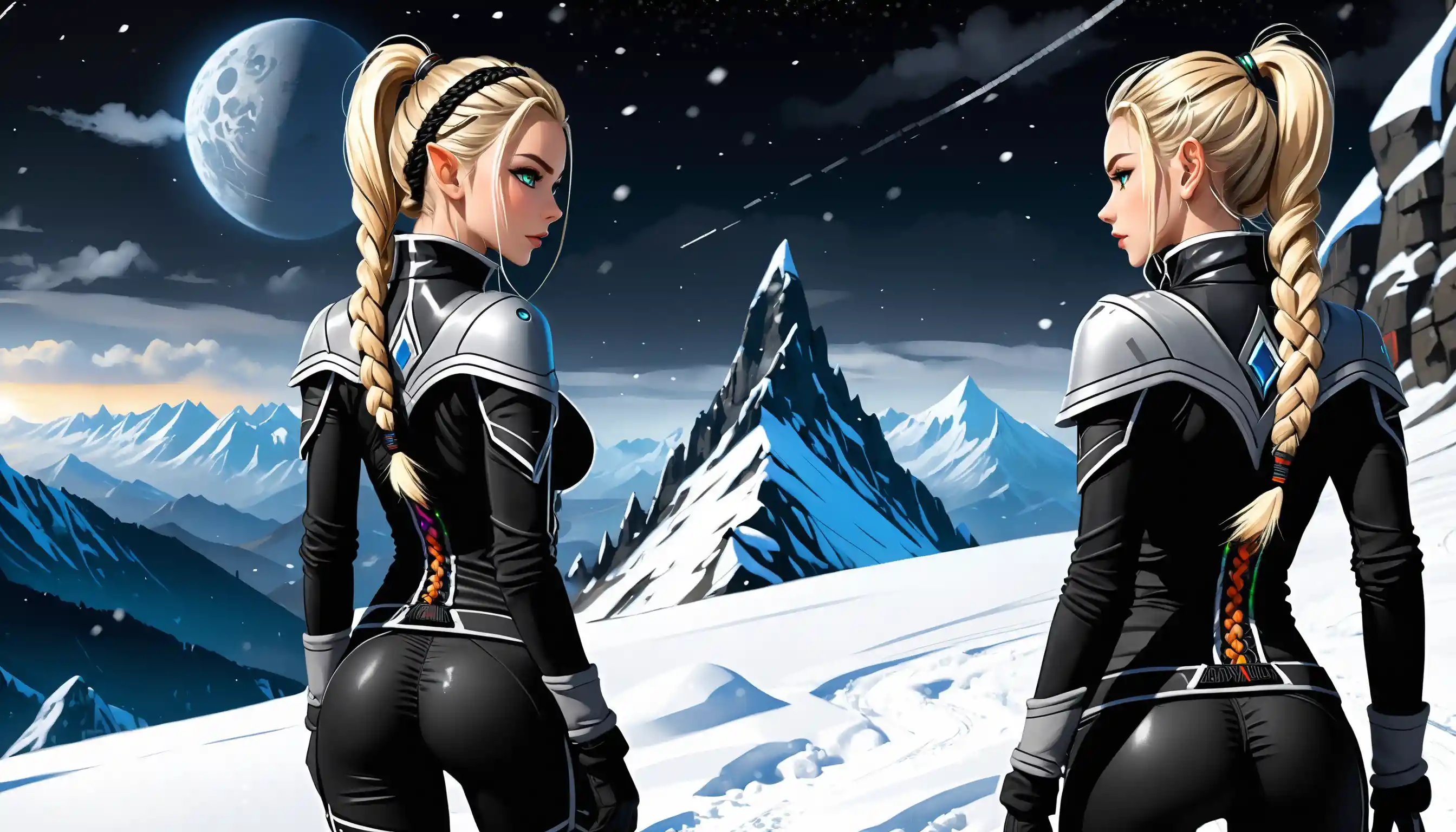 Blonde dark elf explorer in snowy mountain night scene