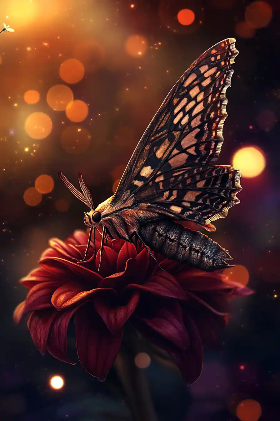 Mariposa-falcão em flor carmesim retorcida em cena sombria e surreal