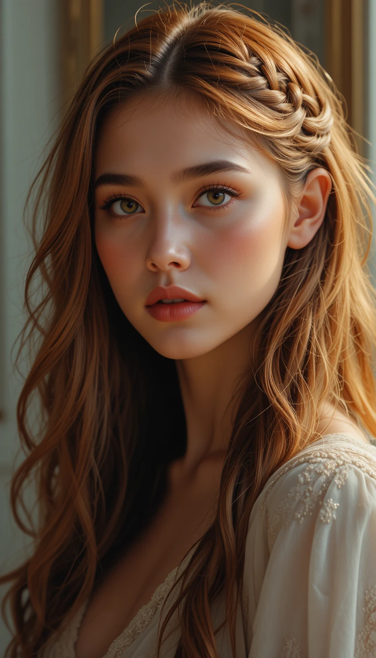 Retrato de mujer joven elegante con iluminación cálida y suave