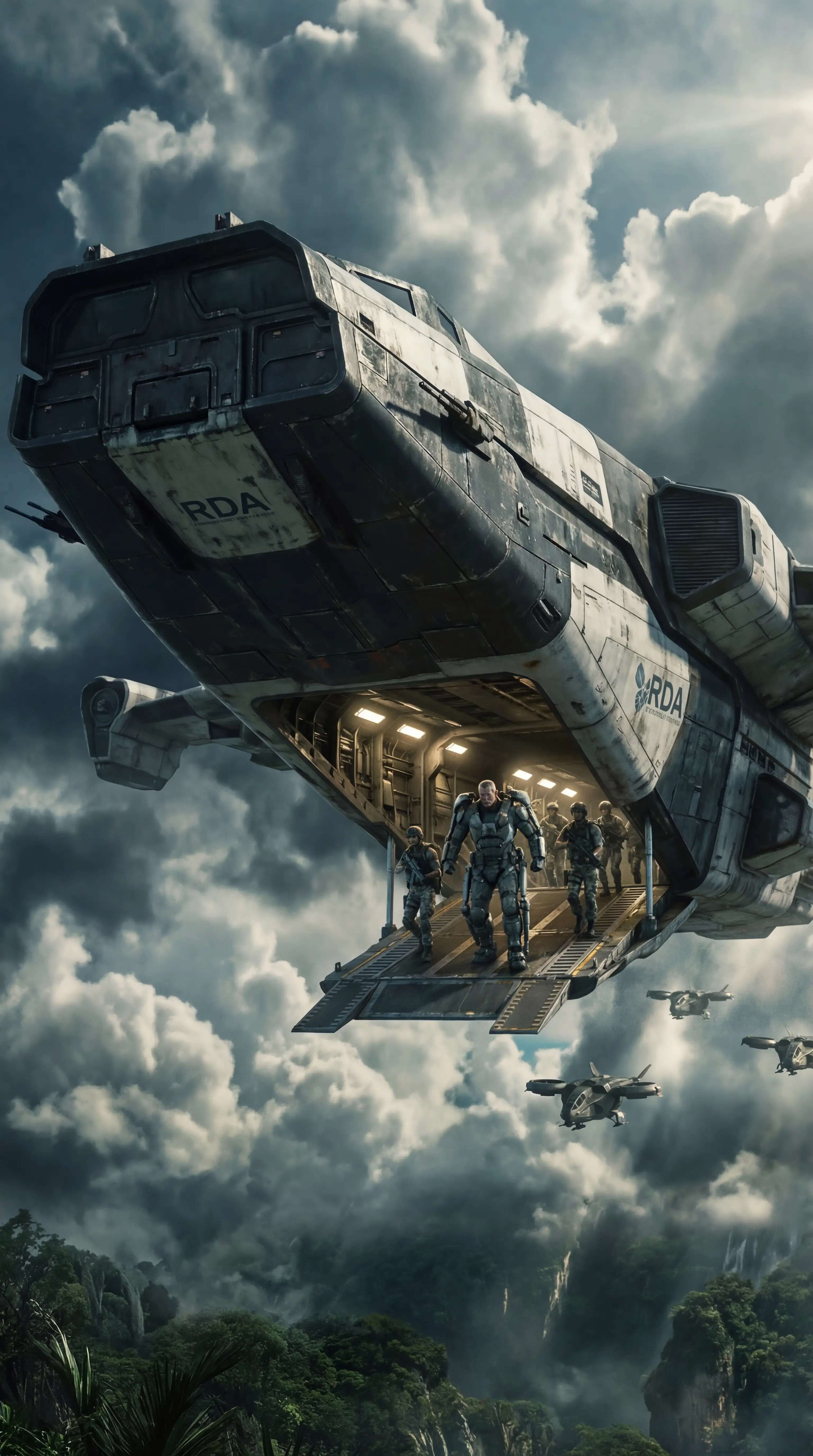 Massive spacecraft hovers above alien world with open hangar