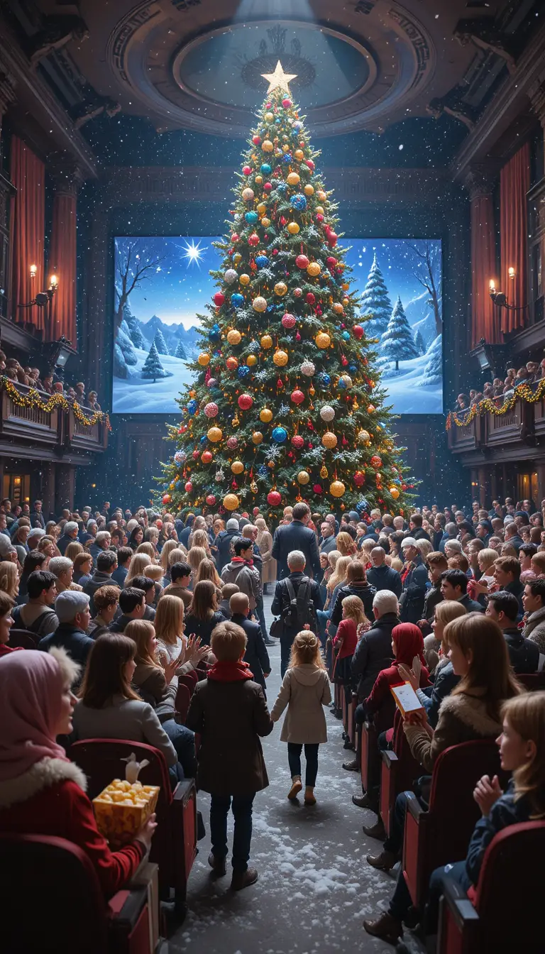 Festive Christmas crowd gathering in a warm cinema lobby