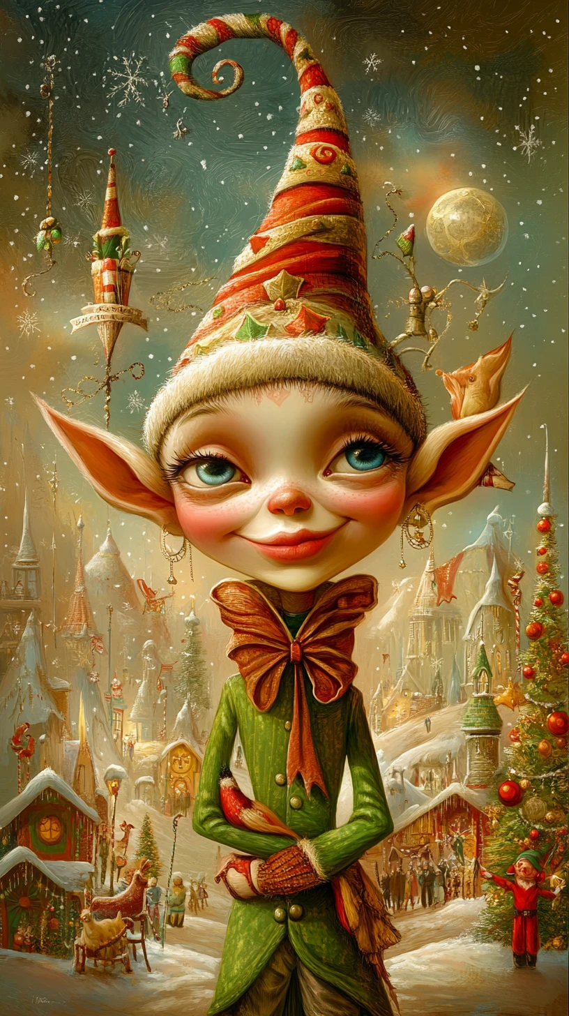Whimsical Christmas elf portrait in a magical north pole