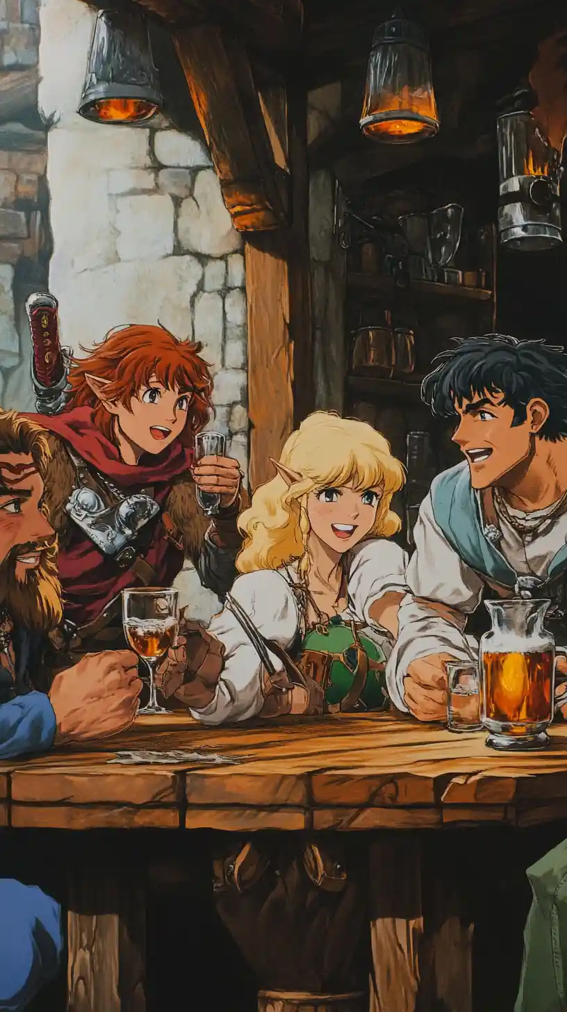 Adventurer companions sharing food and ale in a medieval tavern