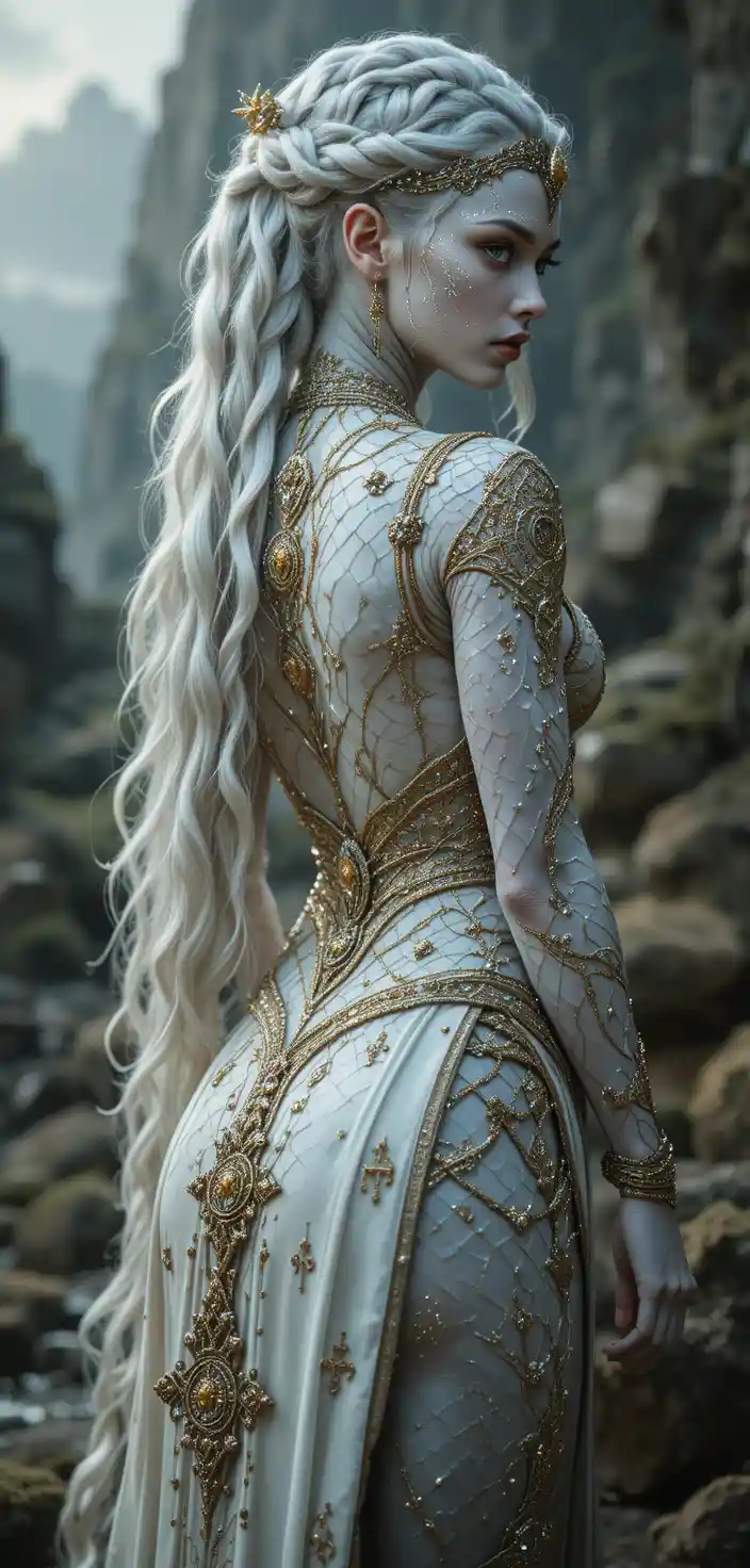Alien elf priestess in ornate white and gold ceremonial robes